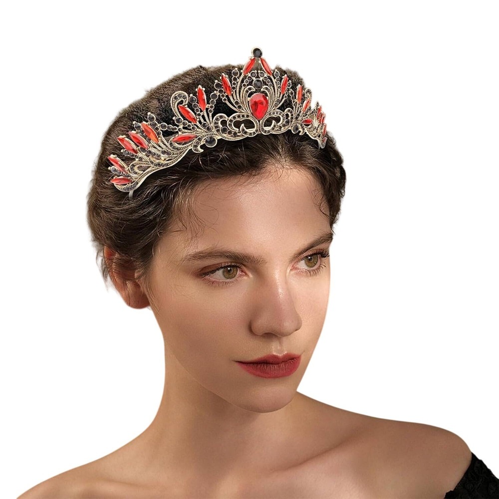 Gothic Red and‎ Black Rhinestone Tiara Crown Dark Silver Tone Regal Headpiece